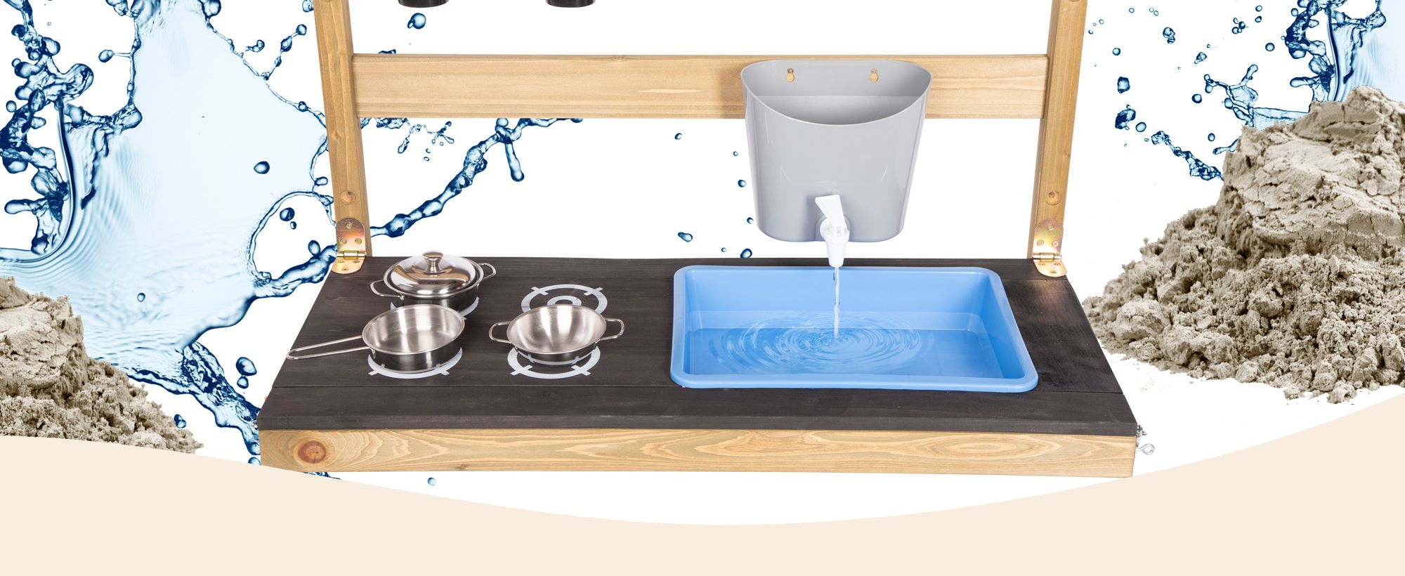 ONVAYA® Hänge-Matschküche ǀ Braun ǀ für Outdoor und Indoor ǀ wetterfest ǀ faltbar ǀ mit Edelstahl-Kochset ǀ Matschküche für den Garten