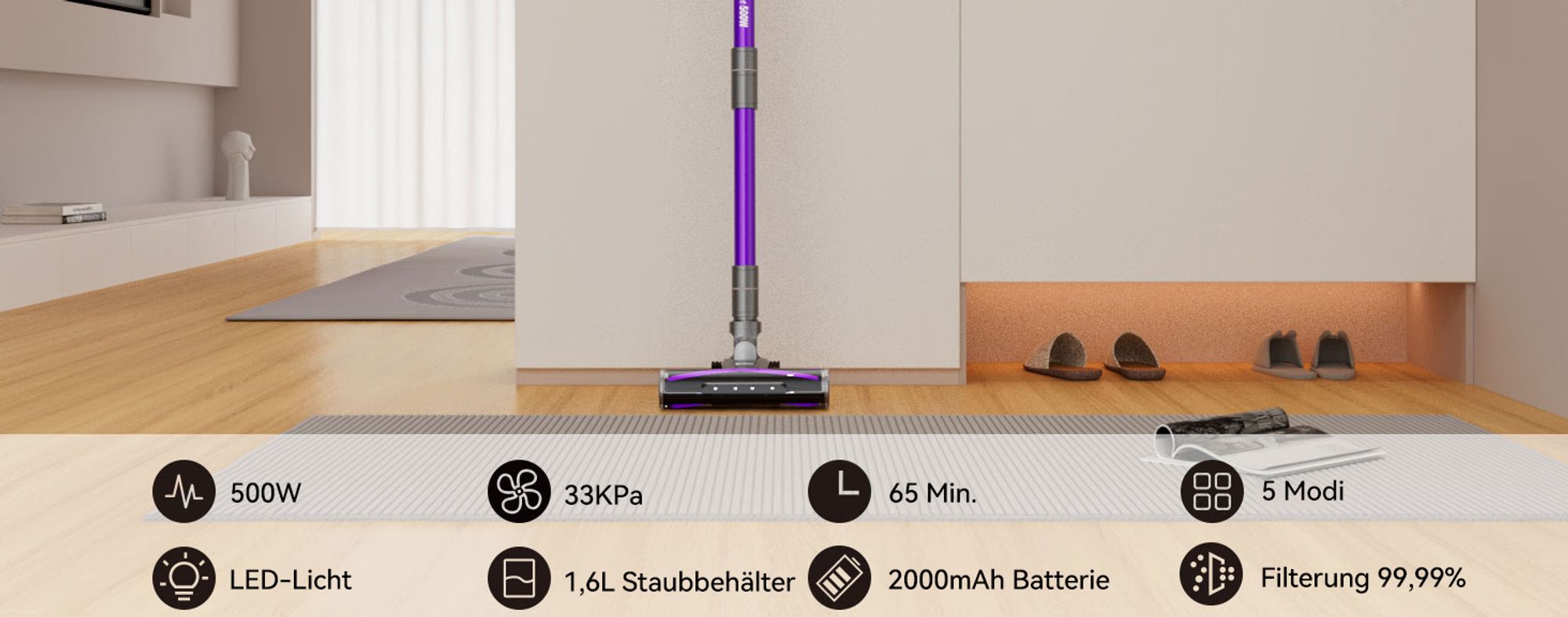 Redkey X18 Stielstaubsauger, 500W 33KPa Akku Staubsauger, Handstaubsauger, 65 Min, 8-in-1 Staubsauger Kabellos mit LED, Intelligenter Automatikmodus