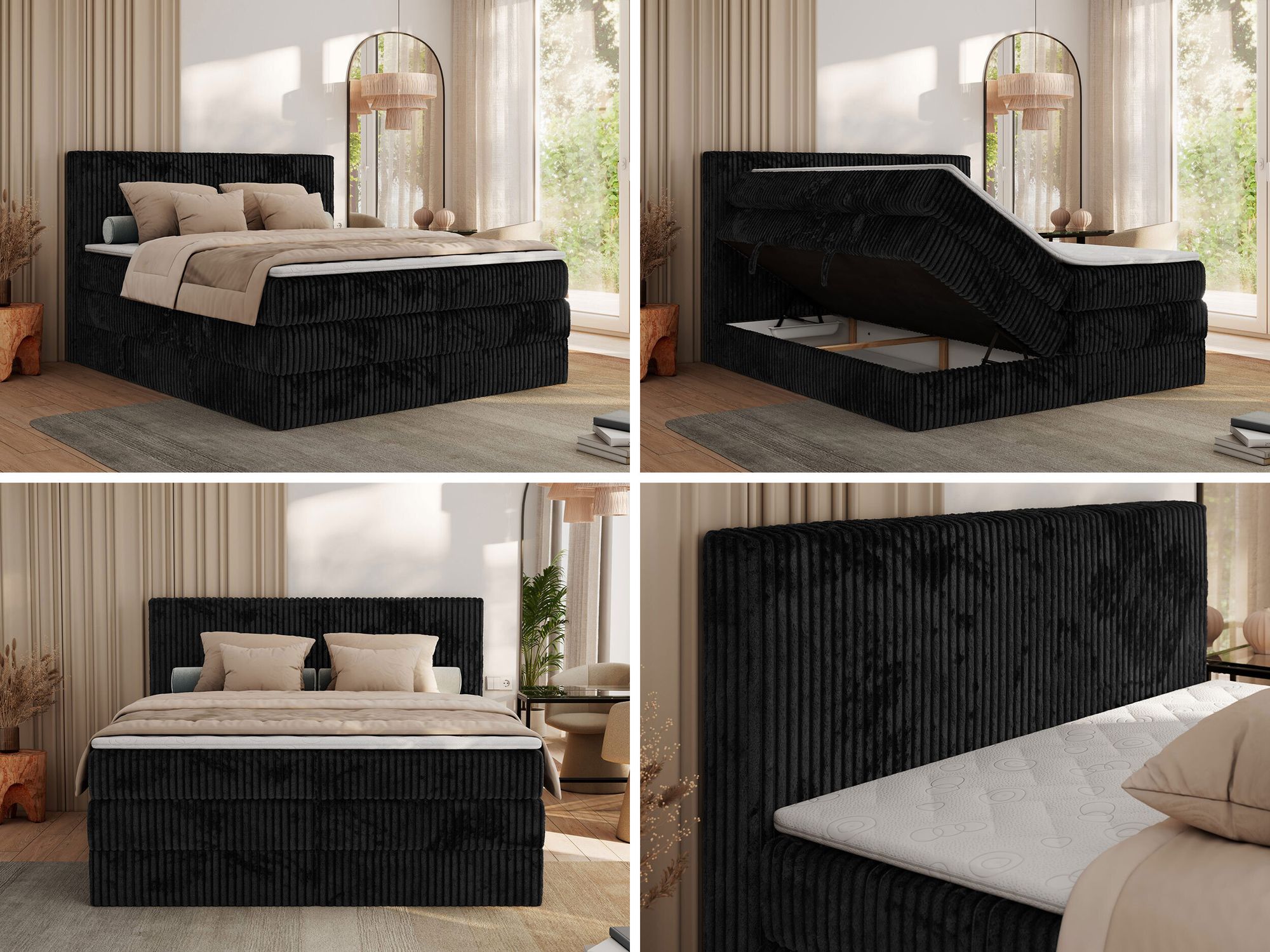 Gepolstertes Bett mit zeitlosem Design und hohem Schlafkomfort.