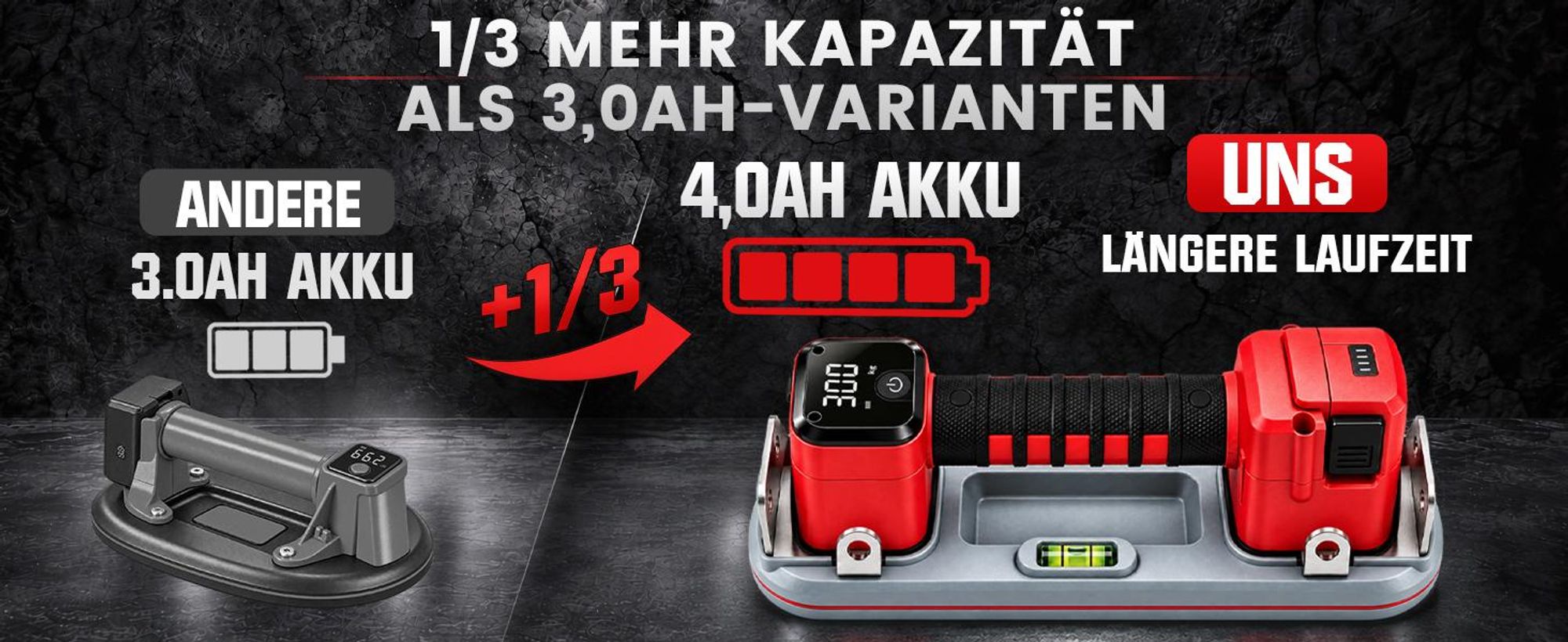 2x Akku Saugheber 26cm Elektrischer Nachsaugend Vakuum Saugnapf 300KG Saugkraft, 3×4Ah Akku LCD-Anzeige Plattenheber für Fliesen Glas Terrassenplatten