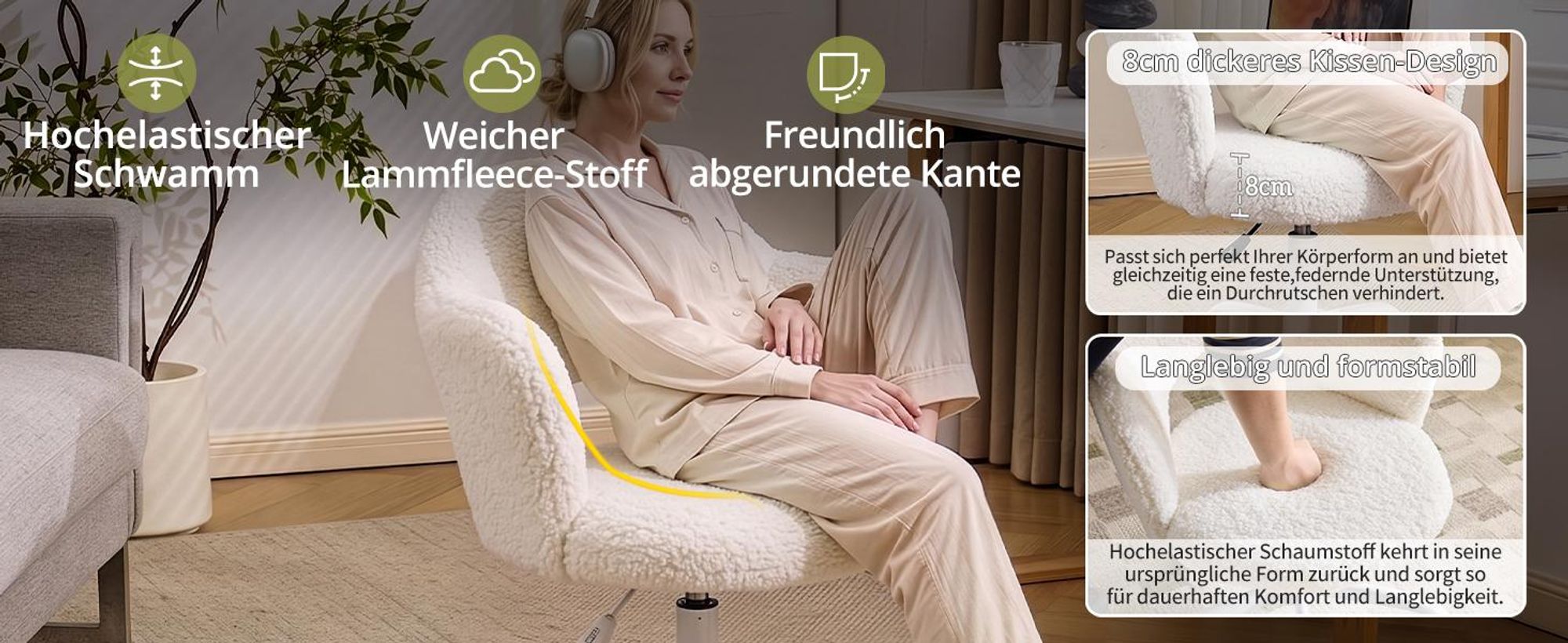 Alightup Drehstuhl in Blütenform mit Lendenkissen,Schreibtischstuhl, Gasfeder, Bezug aus Lammfellstoff, 1 Stück, 59×57×76‑85,5 cm, 360°, Weiß