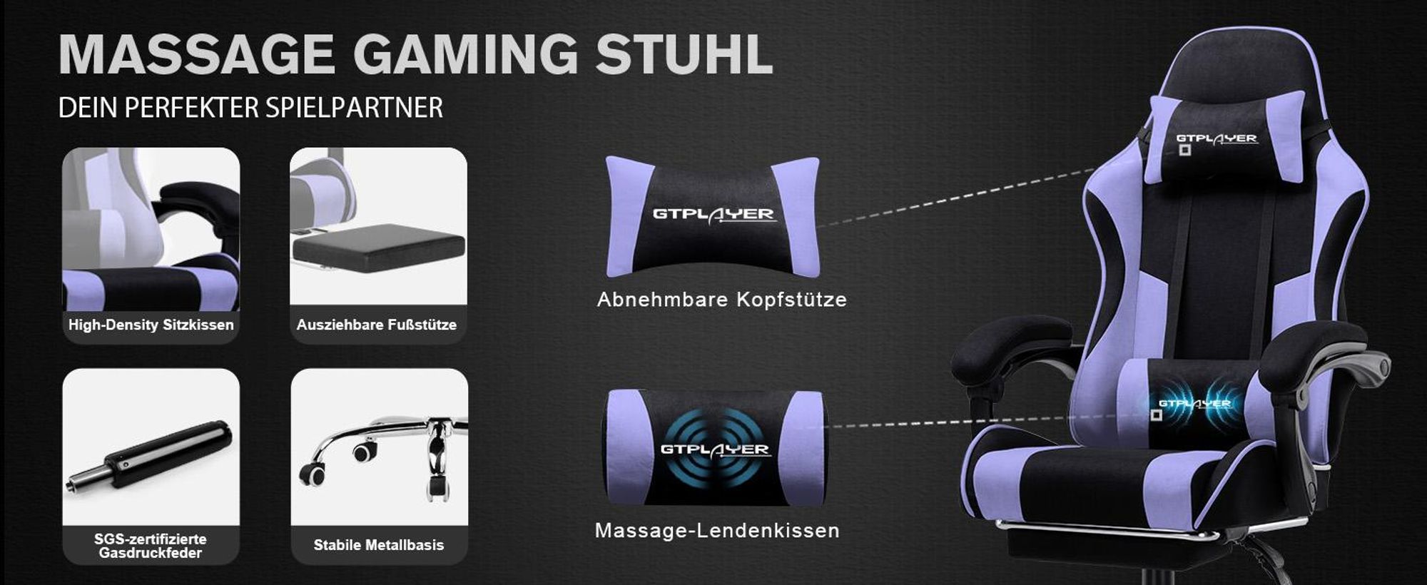 GTPLAYER Gaming Stuhl, Bürostuhl, Ergonomischer Pc Stuhl, Gaming Sessel mit Massagelendenwirbelstütze mit Fußstütze und Kopfstütze, Lila Stoff