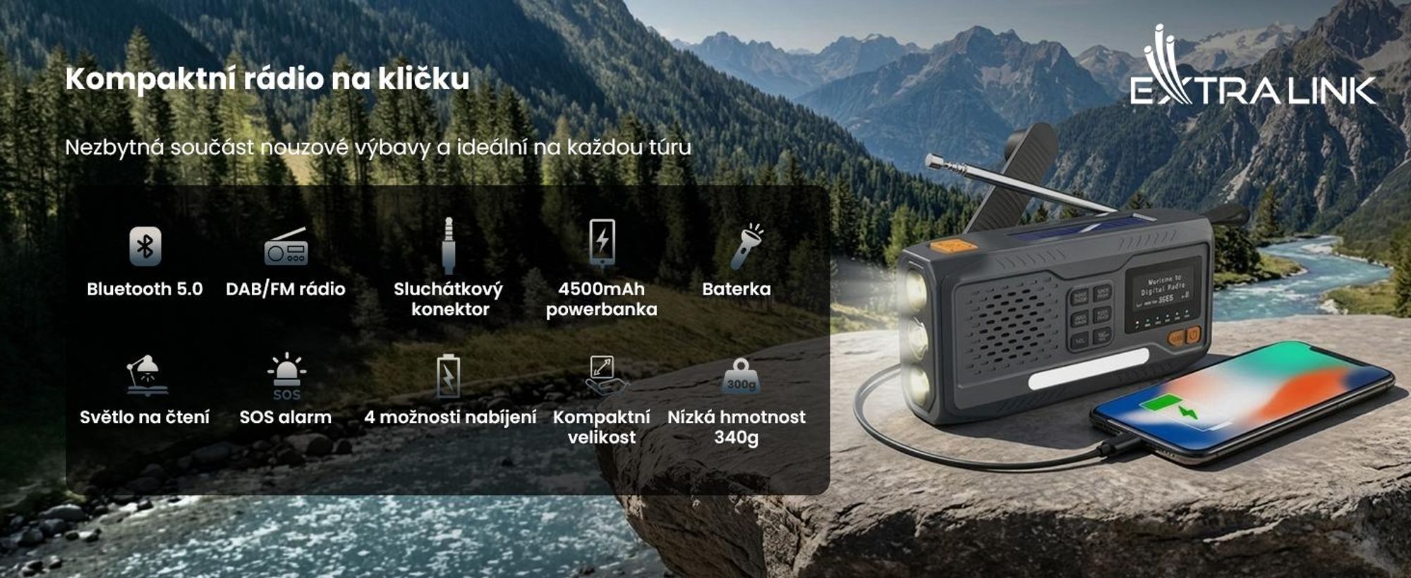 Přenosné rádio Extralink s digitálním rádiem DAB/FM, solární nabídkou, dynamo, baterií 4500 mAh, Bluetooth a funkcí SOS