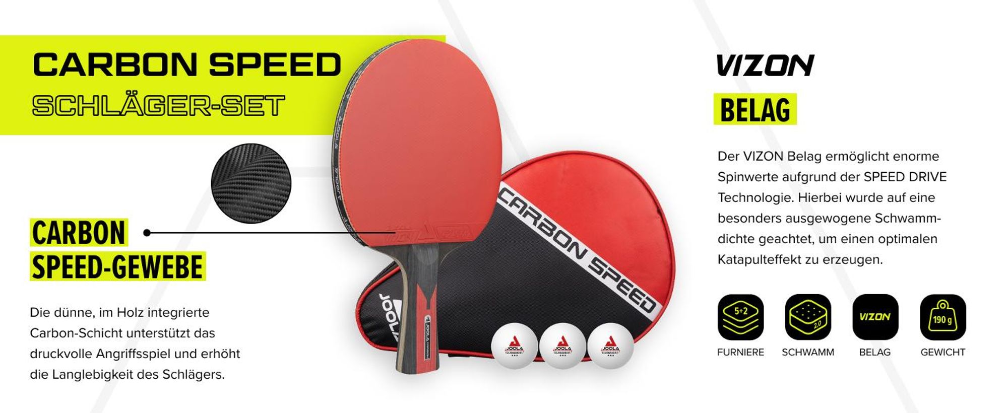 JOOLA Tischtennis Set Carbon Speed - Tischtennisschläger + 3 Tischtennisbälle + Tischtennishülle