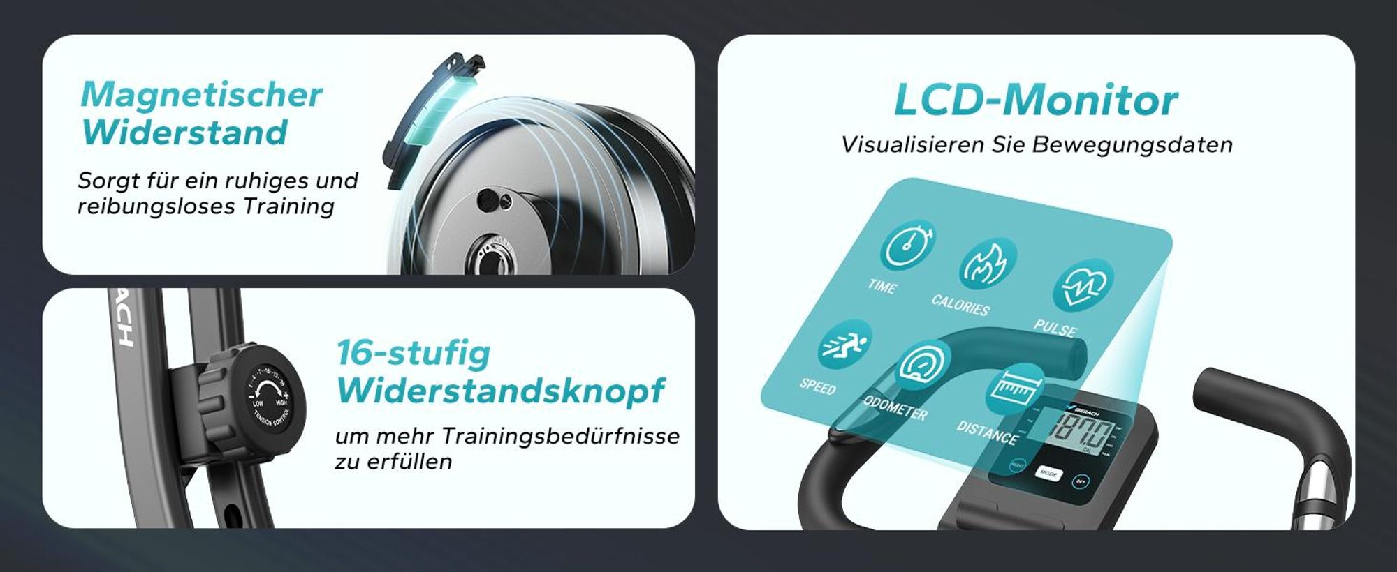 4-in-1 klappbarer Heimtrainer für Zuhause– magnetischer Ergometer mit 16 Stufen, LCD & Pulsmessung, Tabletständer, kompatibel Kinomap, bis 136 kg