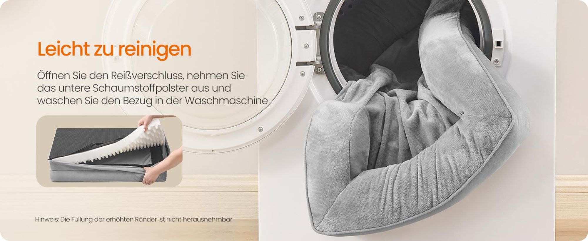 FEANDREA Orthopädisches Hundebett M, abnehmbarer Bezug, erhöhte Ränder, rutschfest, waschbar, Haustierbett, hellgrau