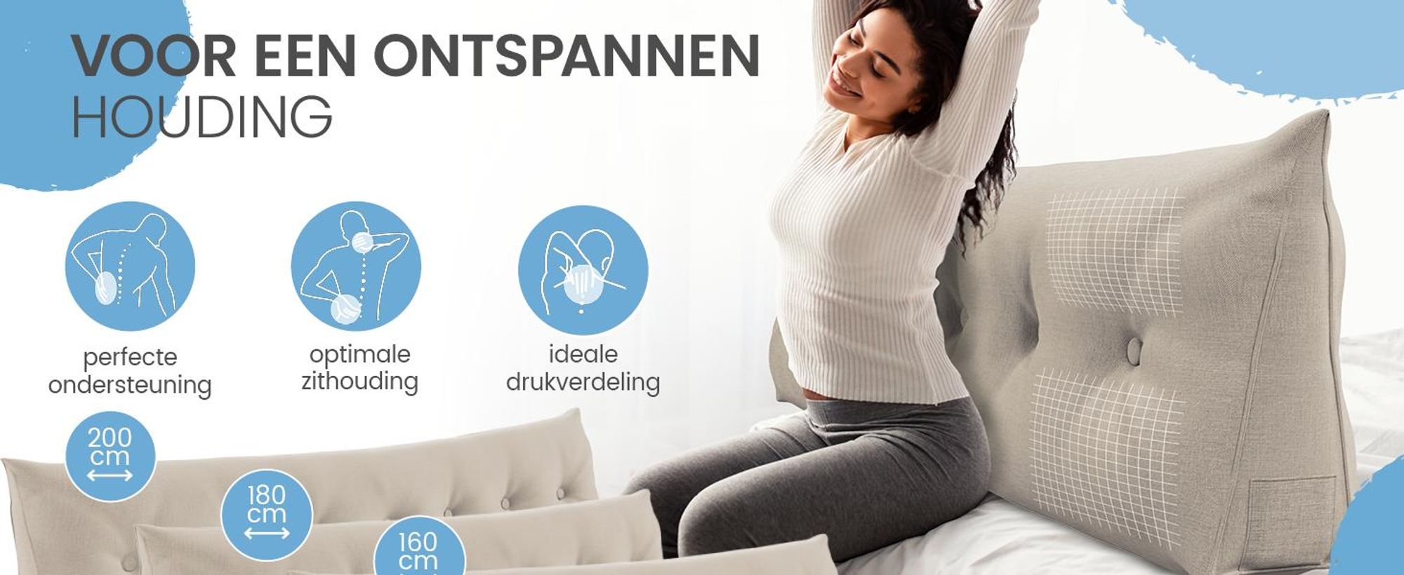 ELONEO rugkussen, 200 cm breed, geschikt als keilkussen voor bed en bank, driehoekig leeskussen, kussen met afneembare en wasbare hoes