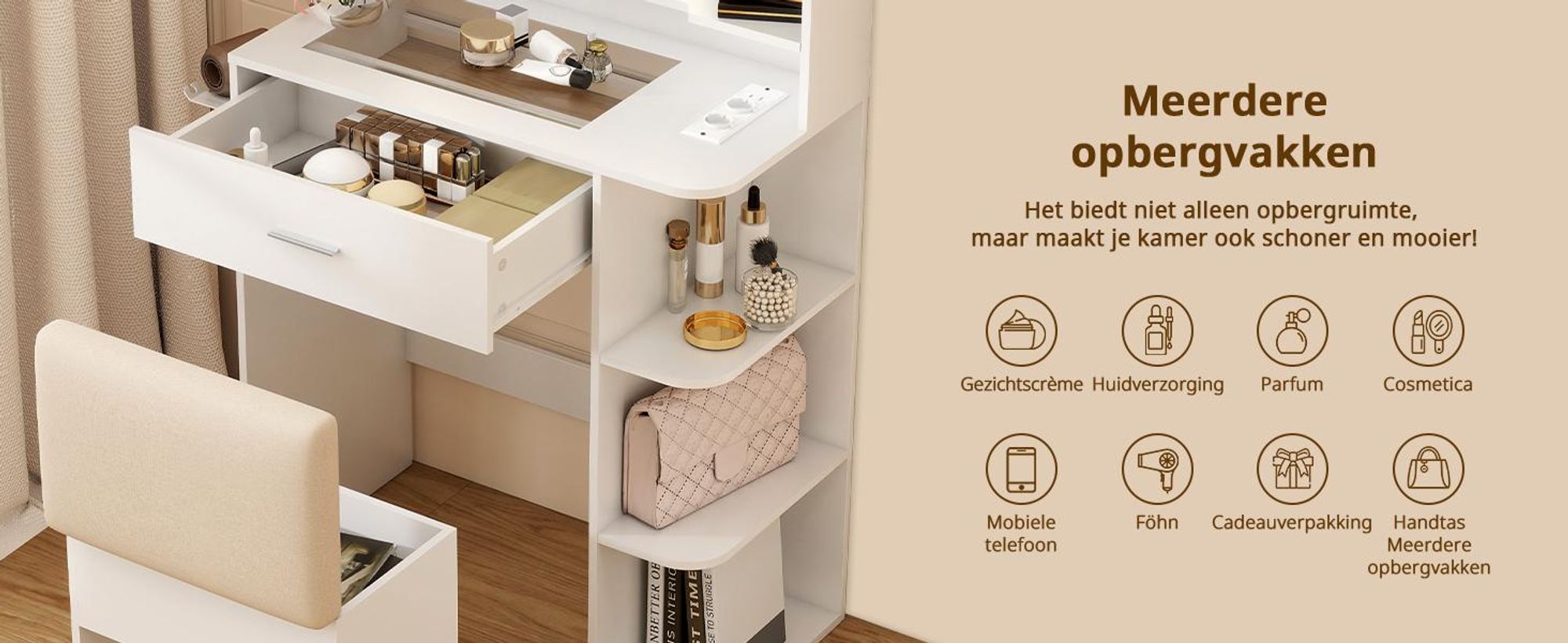 Puluomis make-uptafel met dimbare LED-verlichting, kaptafel met lade, föhnhouder, USB-poorten en stopcontacten, glazen blad, witte kruk met opbergruimte