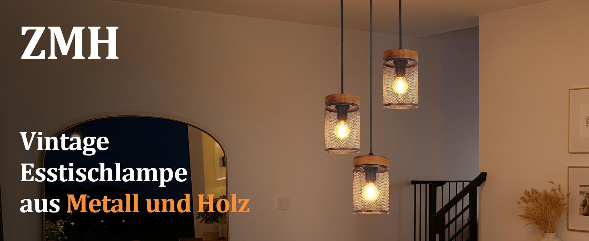 Lámpara colgante ZMH para mesa de comedor, de 3 luces, color , con estructura de madera. Lámpara colgante industrial, ideal para mesa de comedor, salón, comedor o cocina. Casquillo E14