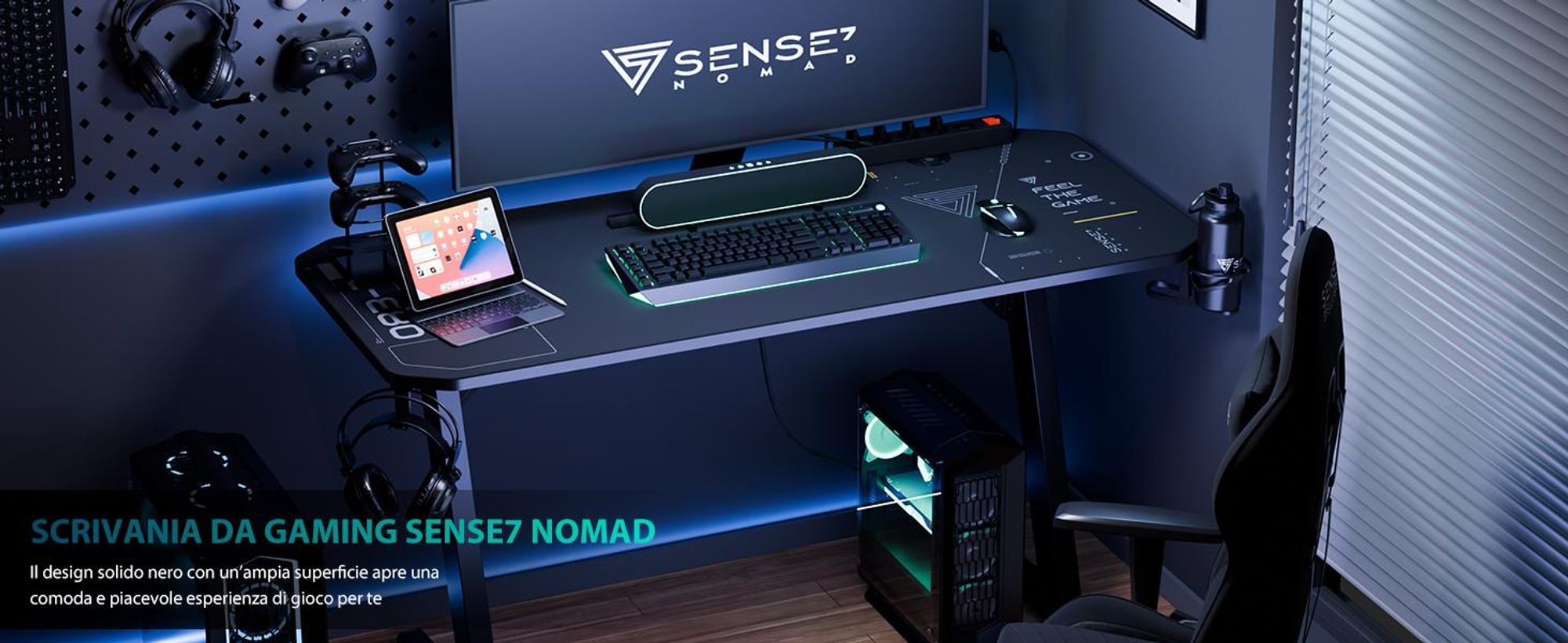 SENSE7 Nomad Tavolo da gioco cibernetico 120x60 cm con tappetino per mouse XXL Tavolo per computer Tavolo per PC Tavolo da gaming Tavolino Camera dei ragazzi