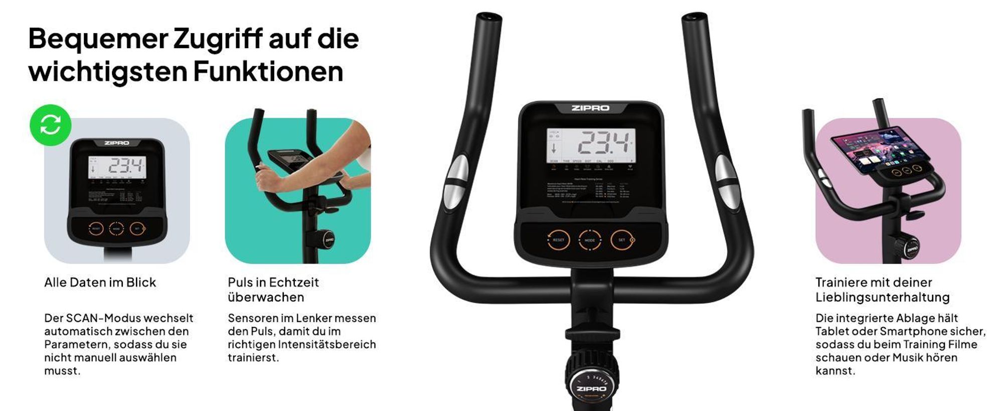Zipro Heimtrainer Fahrrad Nitro RS – Magnetisches Fitnessbike bis 150kg Belastbar Hometrainer Leise mit Pulsmessung Verstellbarer Sattel & Lenker LCD