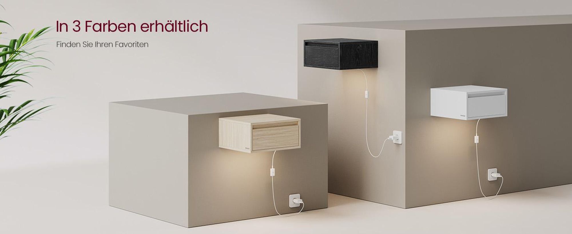 VASAGLE Nachttisch 2er Set , hängend, Leuchte mit 3 Farben, schwebendes Wandregal, Schublade