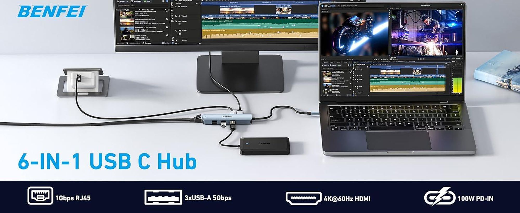BENFEI Hubs USB C Hub 6in1 mit HDMI Ethernet und 100W PD