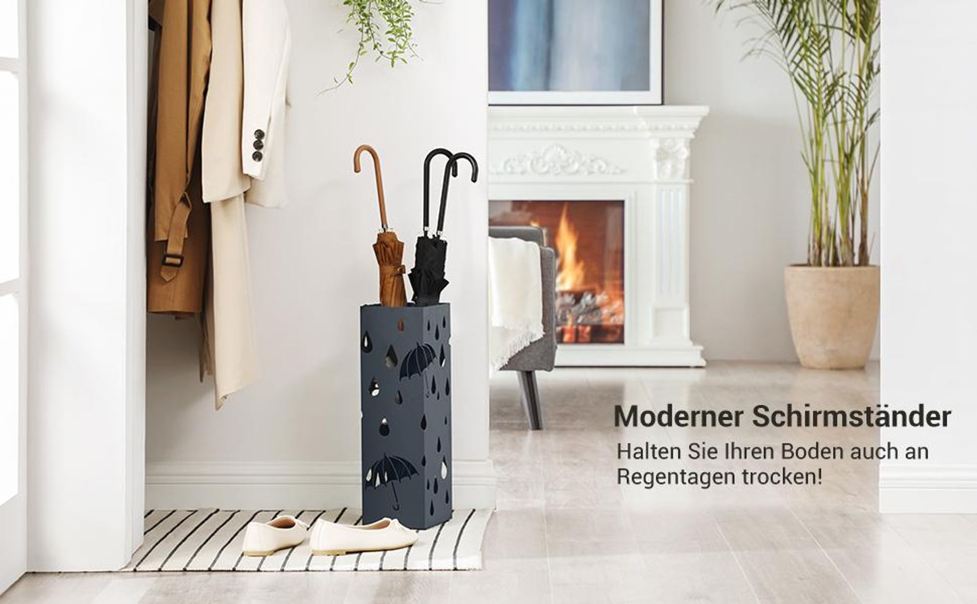 SONGMICS Regenschirmständer ,Schirmständer, quadratisch, mit Wasserauffangschale und 4 Haken anthrazit
