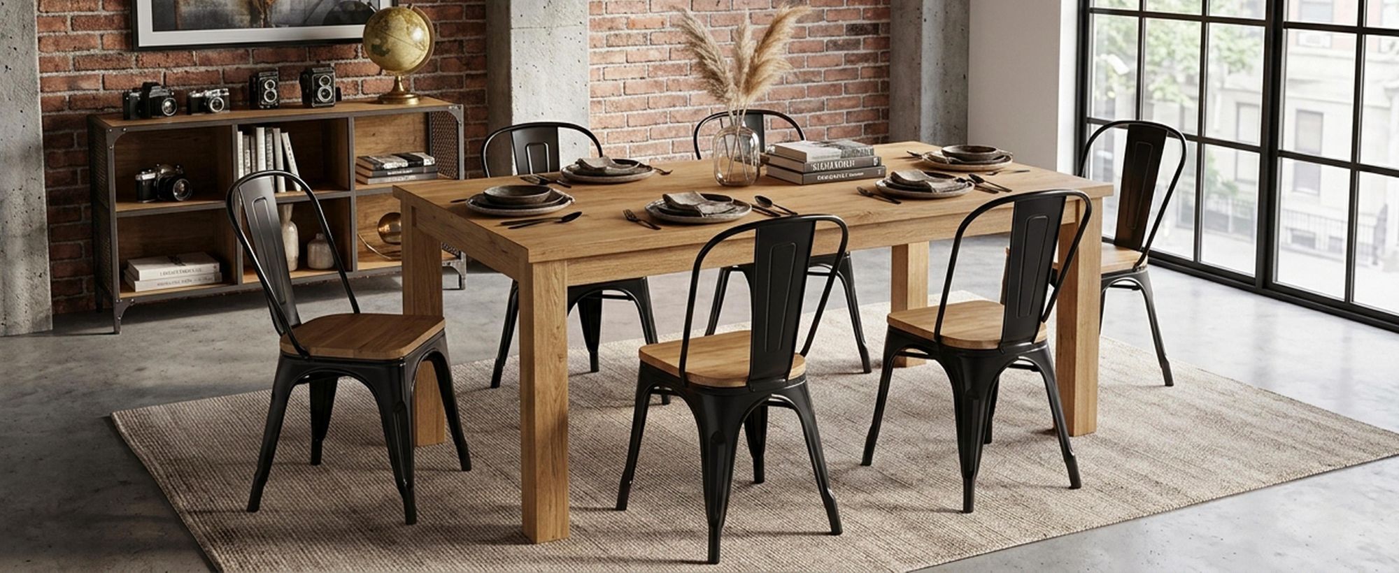 4x sedia da cucina sedia da pranzo in METALLO seduta in legno impilabile, colore:nero+legno naturale , materiale:metallo