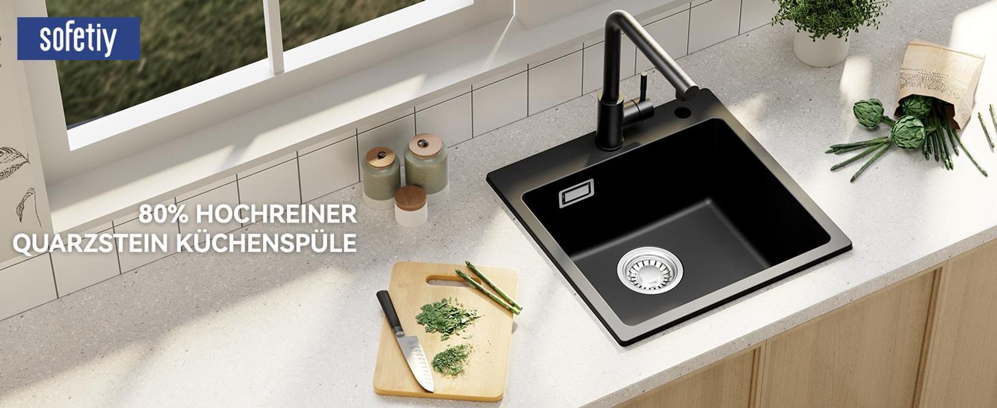 Granitspüle 45x45 cm Schwarz, Küchenspüle Einbauspüle mit Siphon, Sofetiy, Hitzebeständig, Kratzfest, Pflegeleicht, T4-Technologie Top-Mount