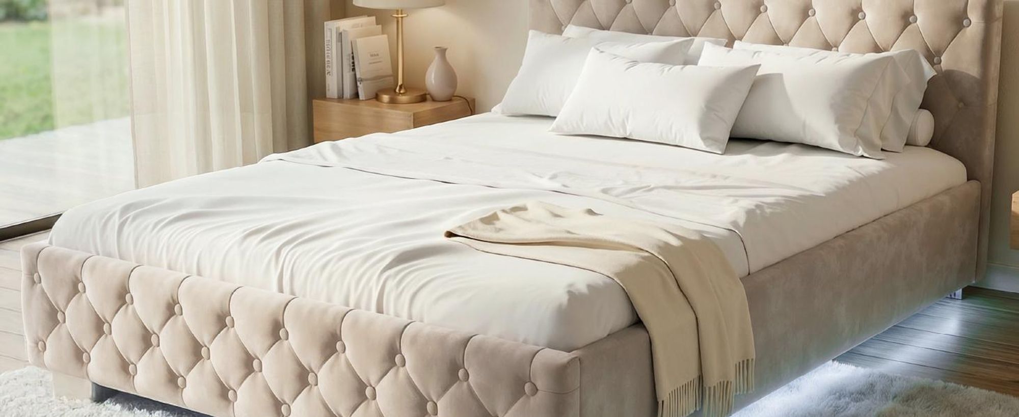 Juskys Polsterbett Nizza 140x200 cm Beige - Bettgestell mit Lattenrost, Stauraum & LED Beleuchtung - Bett mit Samtbezug & Chesterfield-Steppung
