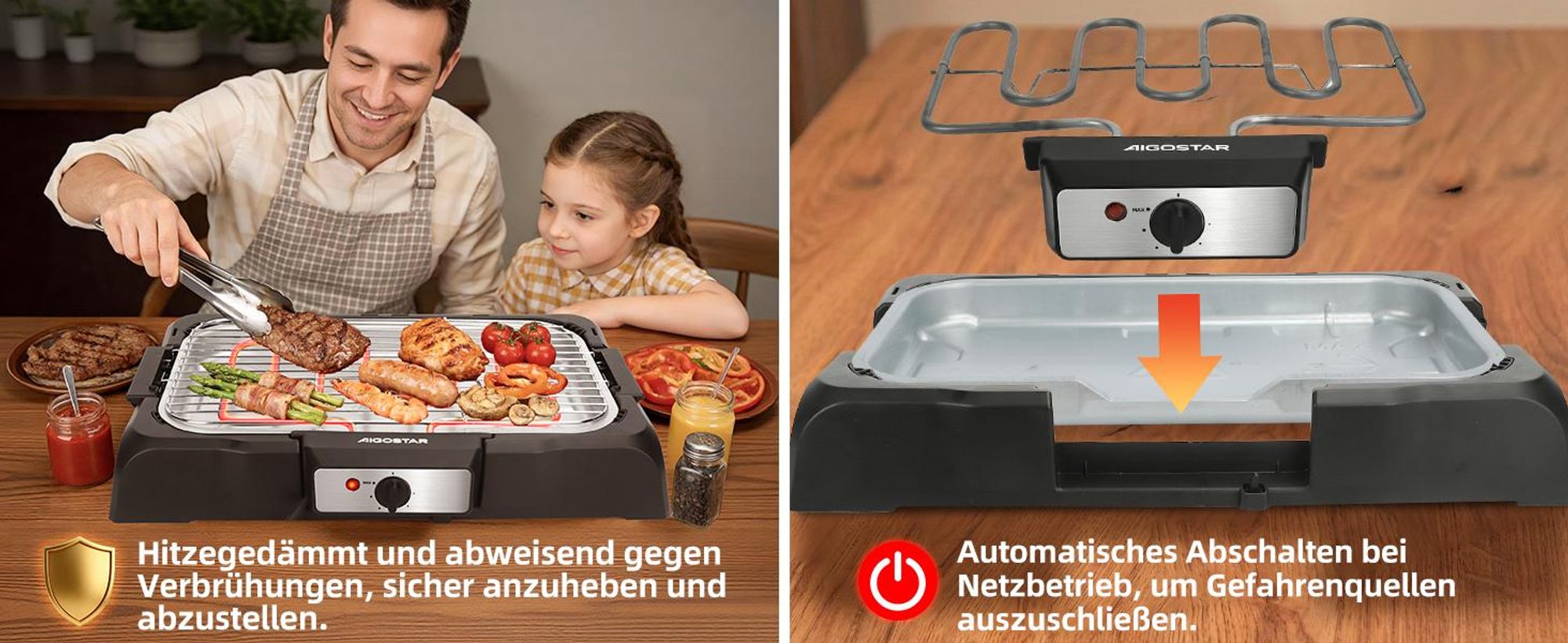 Aigostar - Rauchfreier Tischgrill Barbecue Elektrogrill Elektrischer, Antihaftbeschichtete Grillfläche , Abnehmbarer Fettauffangschale, 2000W