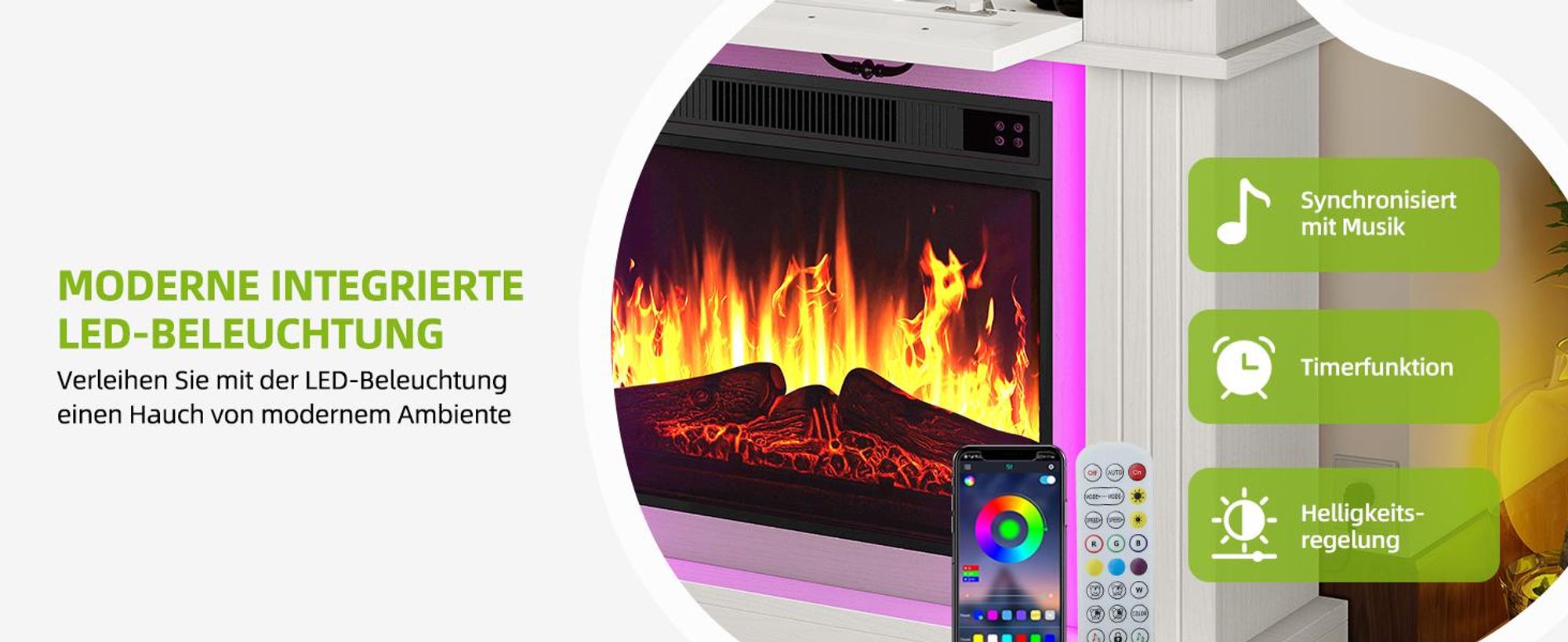 Elektrokamin mit 3D Flammeneffekt, 2000W Elektrische Kamine mit Heizung & Kaminfeuer mit Stauraum