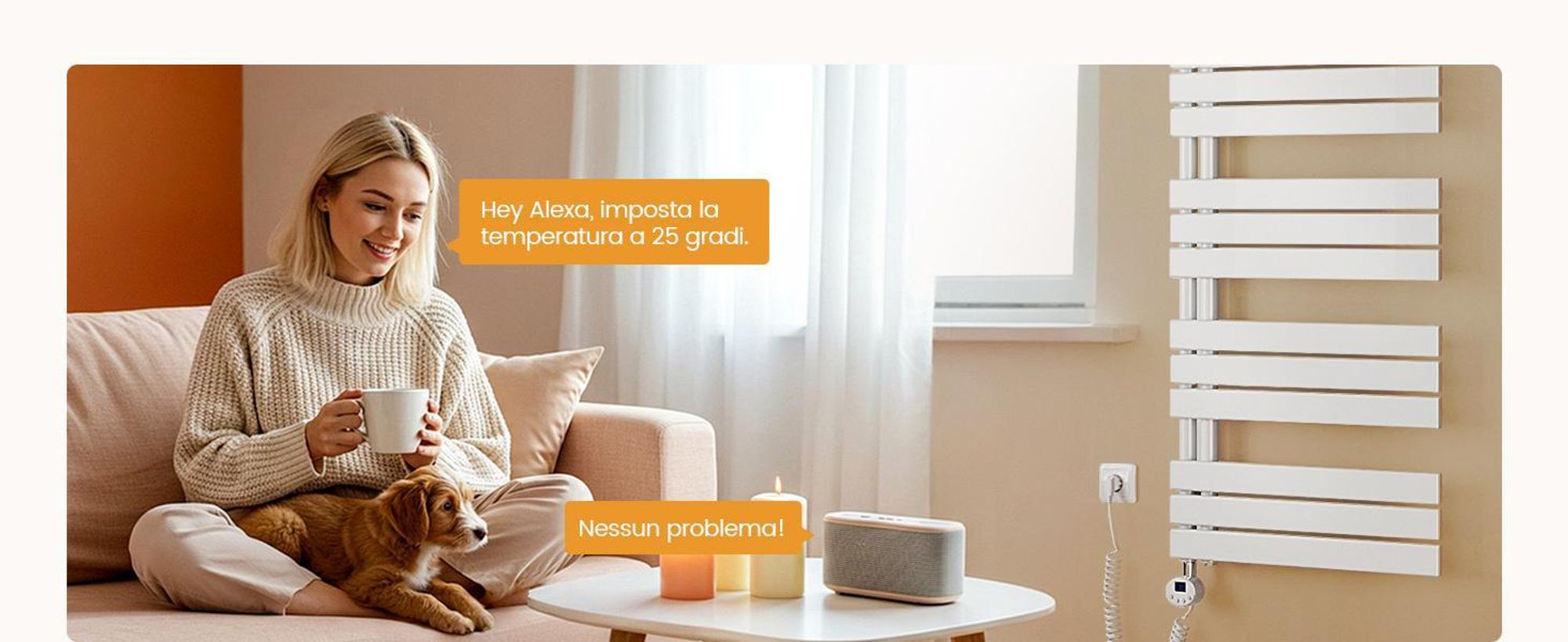 EMKE Radiatore elettrico da bagno con controllo tramite app Wi-Fi Termostato Scaldasalviette 1320X600 mm Bianco Portasciugamani 800 W Asciugamani elettrico