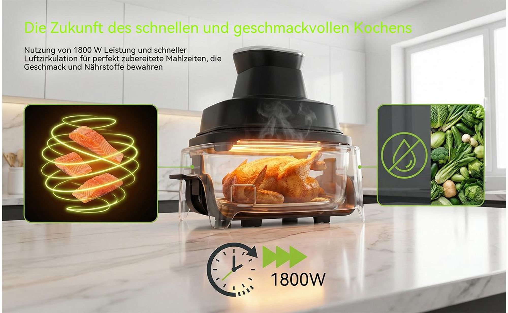 Tragbare Air Fryer Heißluftfritteuse, 4 l+4 l, 4-in-1: Heißluftfrittieren, Braten, Warmhalten, Recrisp, 2 Herausnehmbare Glasbehälter & Deckel, 1800W