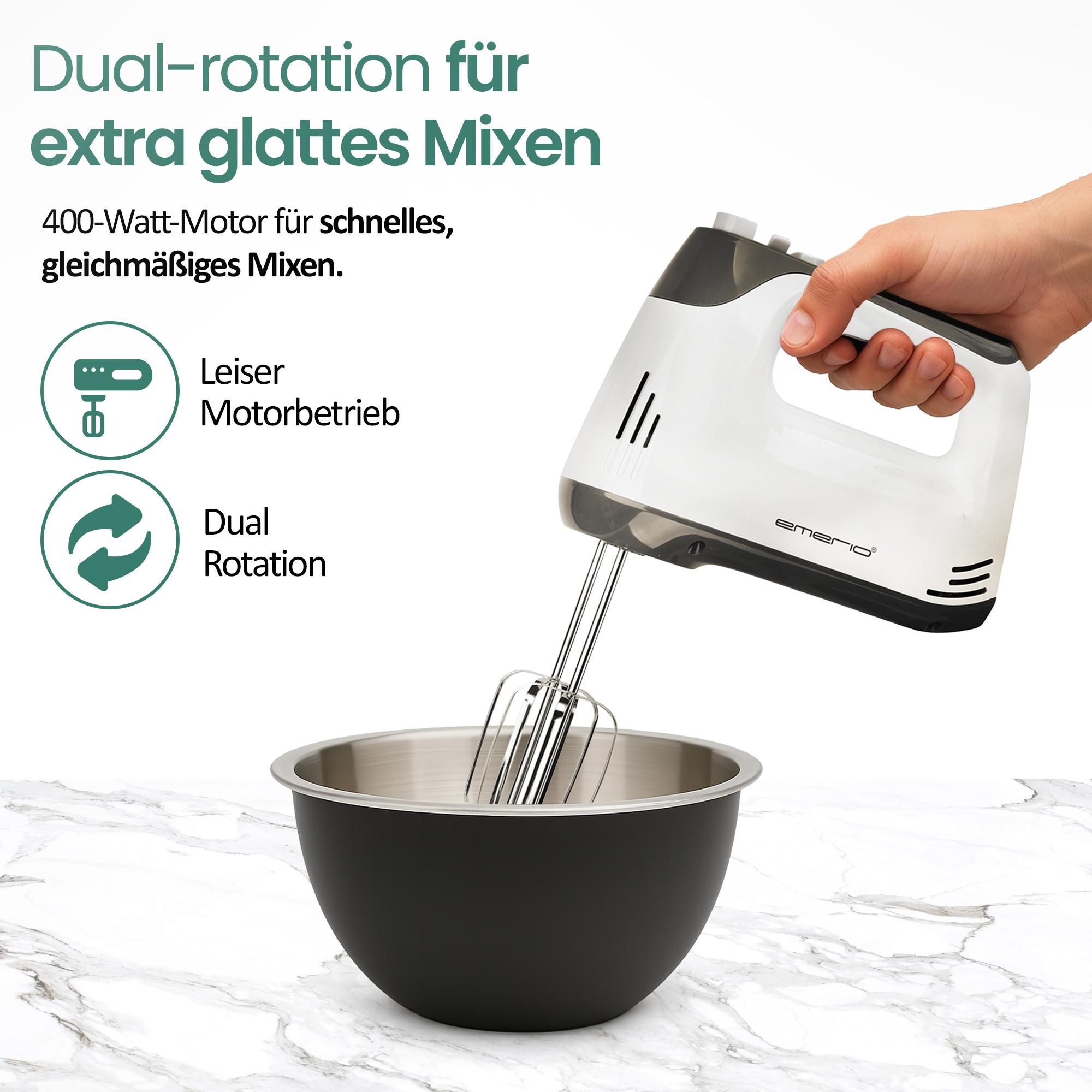 Emerio Handmixer 400 W – Mixer mit Turbofunktion – 5 Geschwindigkeitsstufen – Edelstahl-Rührbesen und Knethaken – HM-130365 – Weiß / Grau