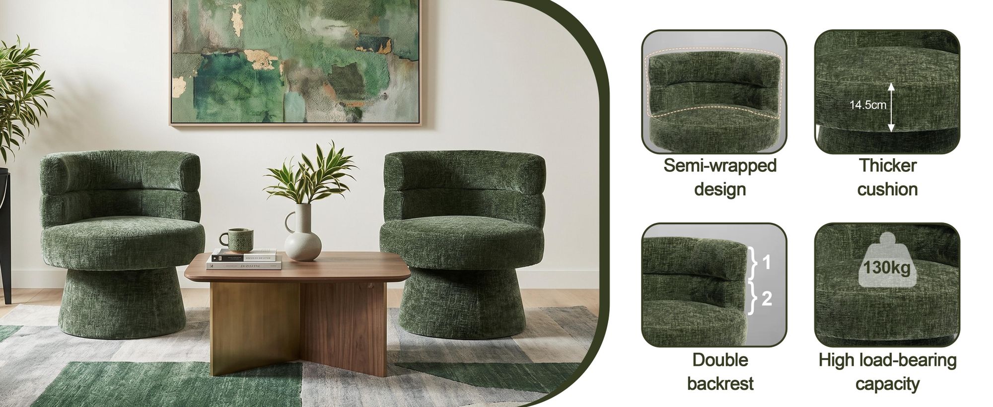 Duhome – nowoczesny fotel obrotowy z tkaniny szenilowej, fotel tapicerowany z możliwością obrotu o 360°, fotel koktajlowy do salonu, sypialni lub gabinetu, kolor zielony