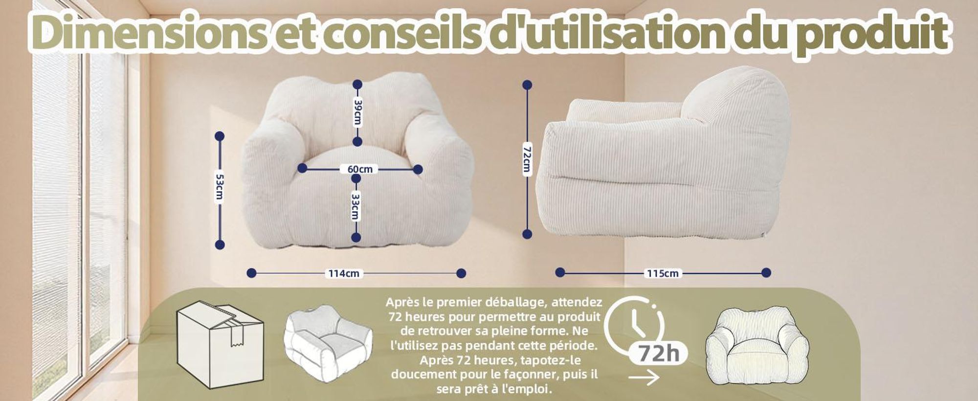 Pouf géant pour adulte, rembourrage en mousse déchiquetée, canapé de sol moelleux, forme carrée, beige