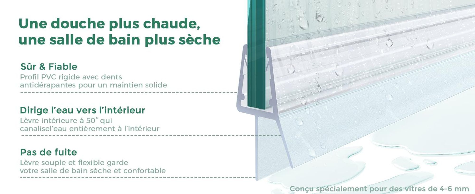 S'AFIELINA Joint de rechange Déflecteur d'eau Joint de douche Protection anti-vibrations Cabine de douche Bain 4-6mm verre 100cm