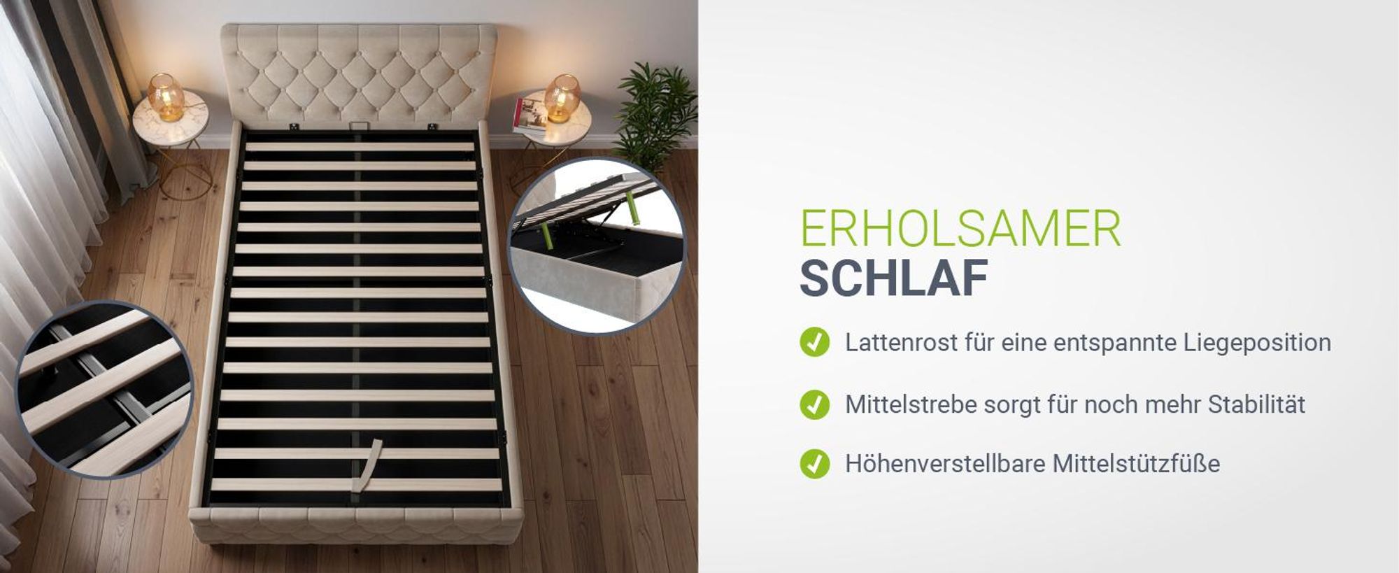 Juskys Polsterbett Nizza 120x200 cm Beige - Bettgestell mit Lattenrost, Stauraum & LED Beleuchtung - Bett mit Samtbezug & Chesterfield-Steppung