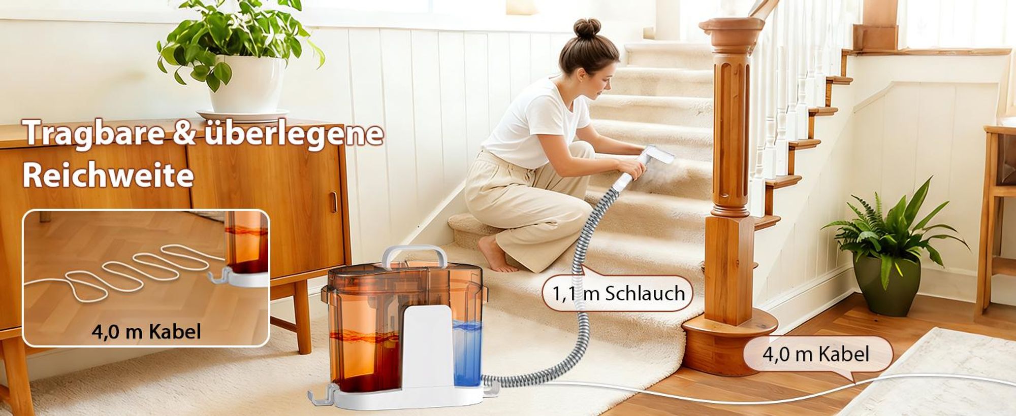 Grenintol Waschsauger bis zu 25 kPa, 600 W Nasssauger, Teppichreiniger und Polsterreiniger mit 1,45 l + 1,6 l Doppeltank für Sofa Auto Matratze