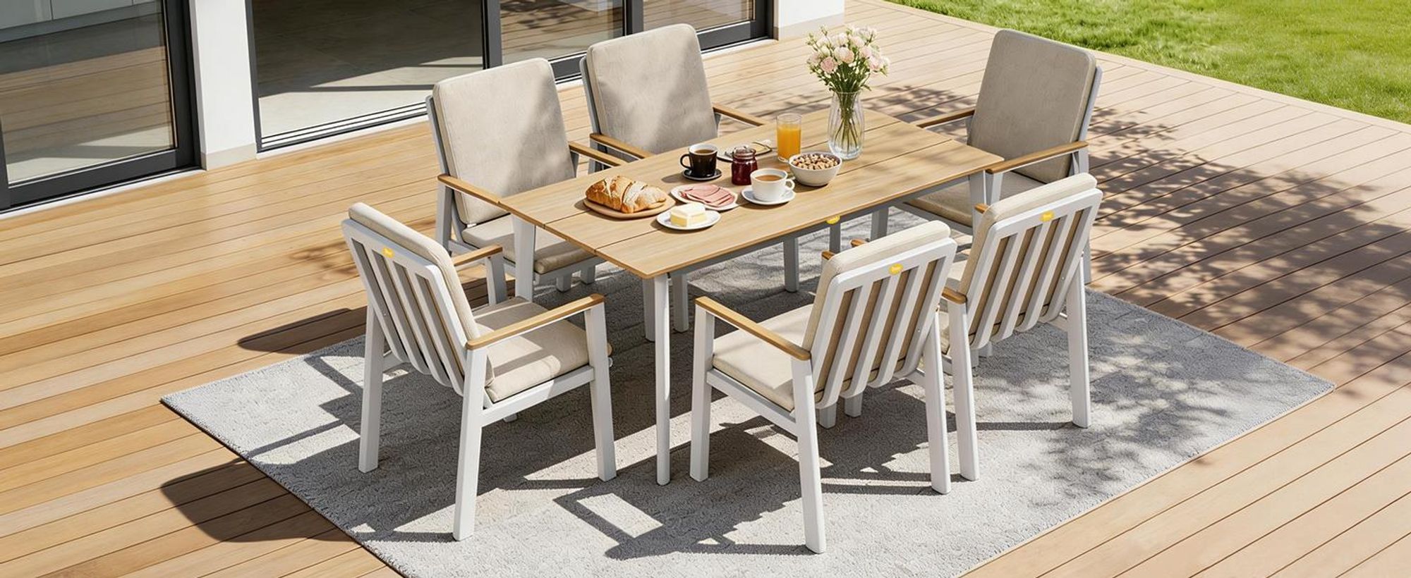 MEXO Gartenlounge-Set Aluminium Garten Essgruppe für 6 Personen, GartenStuhl mit Ergonomischen Sesseln inkl. Kissen, Belastbarkeit pro Sitzplatz 140kg