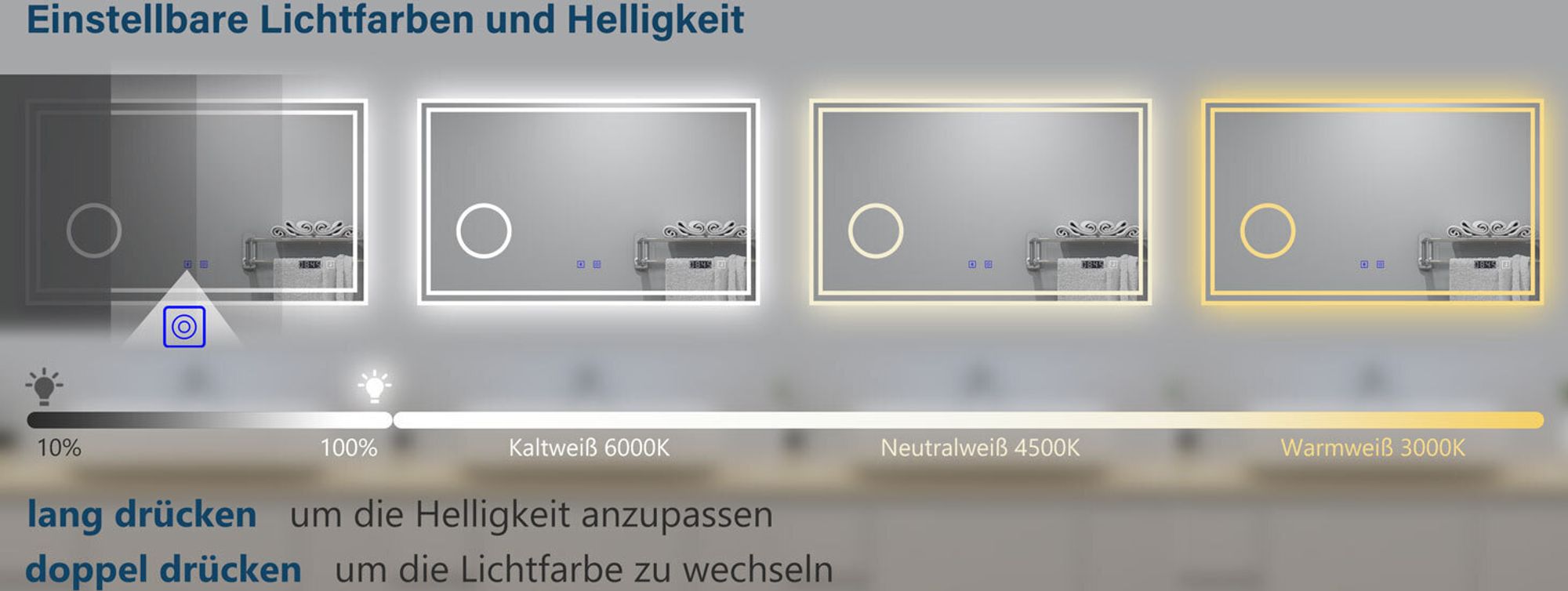 AICA LED Badspiegel 80x60cm mit Uhr Bluetooth Beschlagfrei 3-Fach Vergrößerung Schminkspiegel Badezimmerspiegel 3 Lichtfarbe 3000K/4500K/6000K IP44
