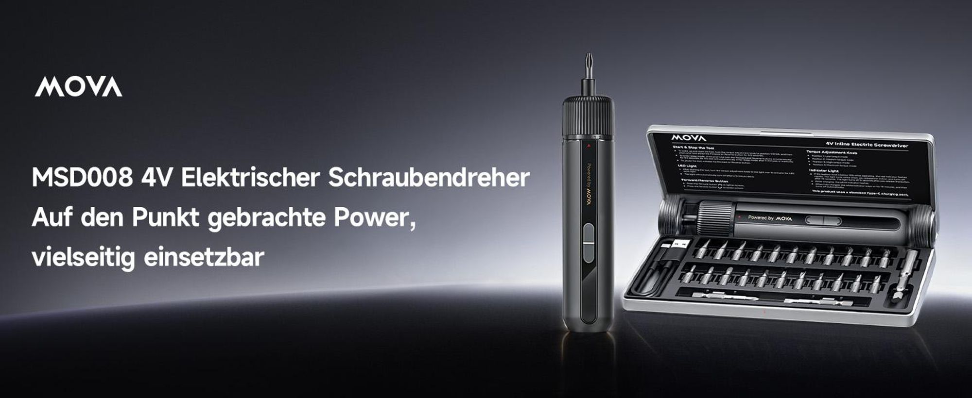 MOVA MSD008 4V Elektrischer Schraubendreher, 4 Drehmomentstufen, LED-Beleuchtung, Quick-Lock-Magnetbits, 24 S2 Bits Set