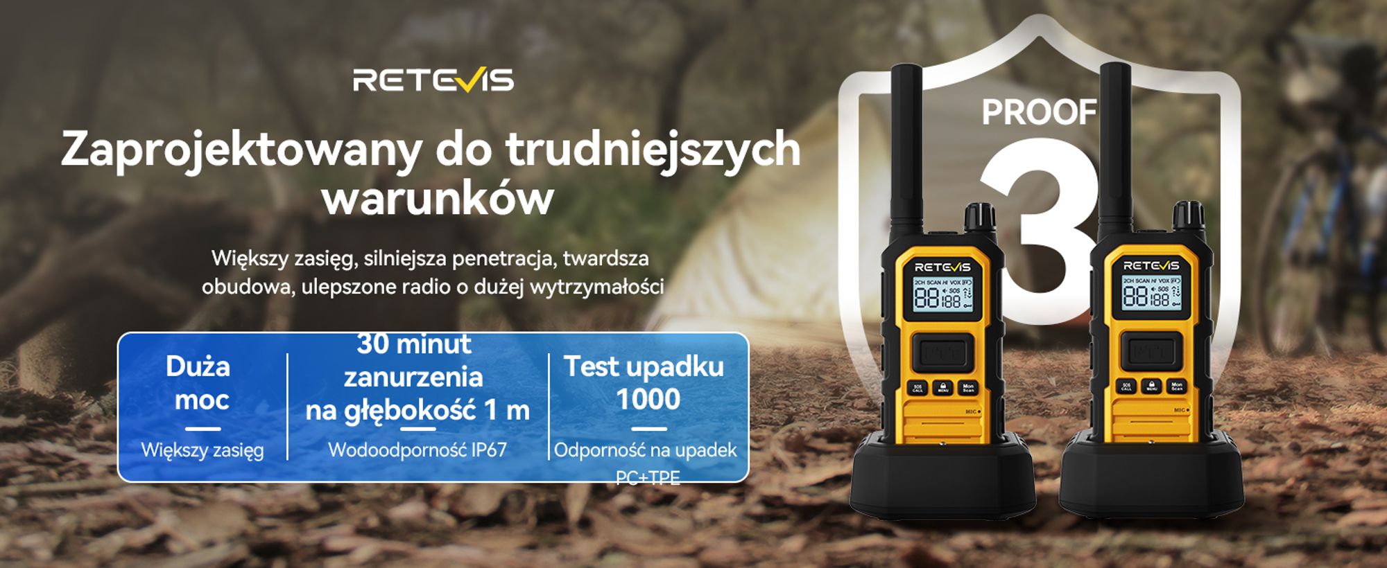 Radiotelefon Retevis RB648 Plus o dużym zasięgu, wytrzymały, wodoodporny IP67, 2000 mAh, potrójna odporność, SOS z podwójnym PTT, ręczny radiotelefon na wędrówki