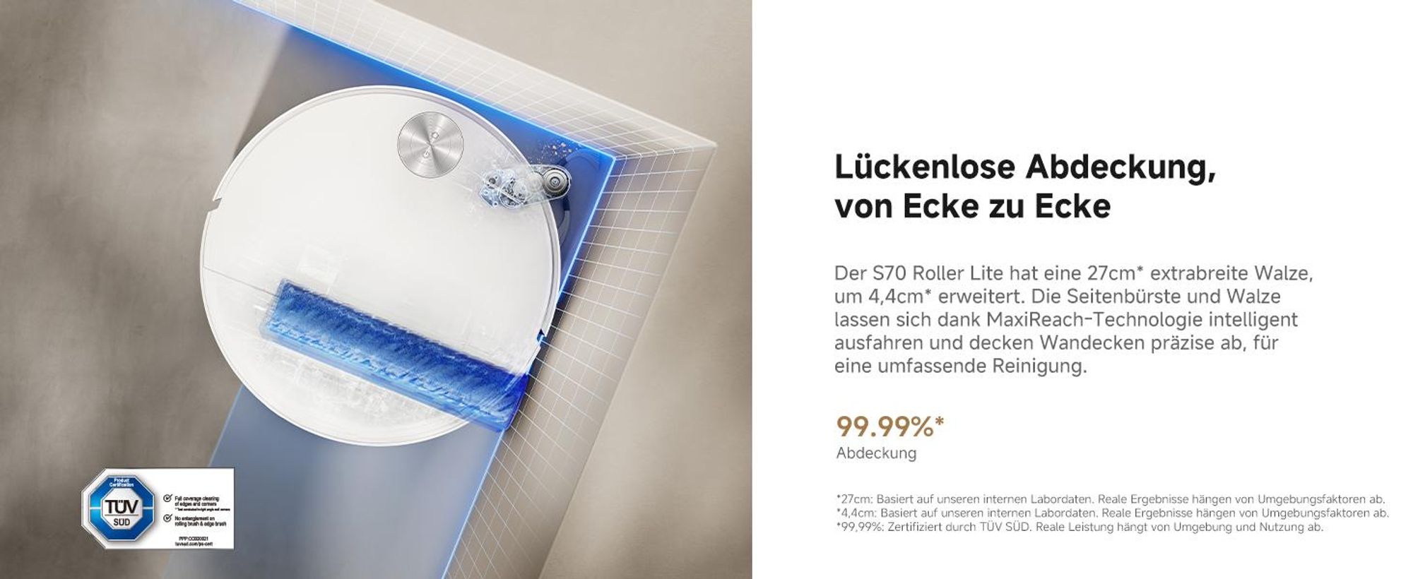 MOVA S70 Roller Lite Saugroboter mit Wischfunktion, 240000Pa, 17N HydroForce-Rollmopp, 75°C Moppwäsche, 90mm