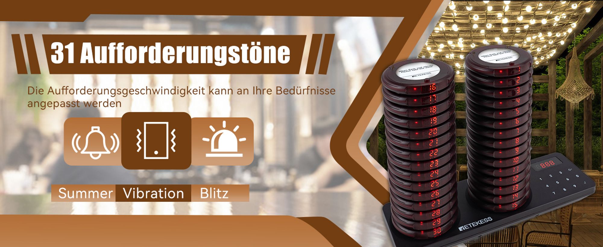 Retekess TD163 Pager System, Pager Rufsystem, 400M Entfernung im Freien Gelände, 31 Rufmodi, 20H Standby Zeit, Gästerufsystem für Gastronomie, 30 Page