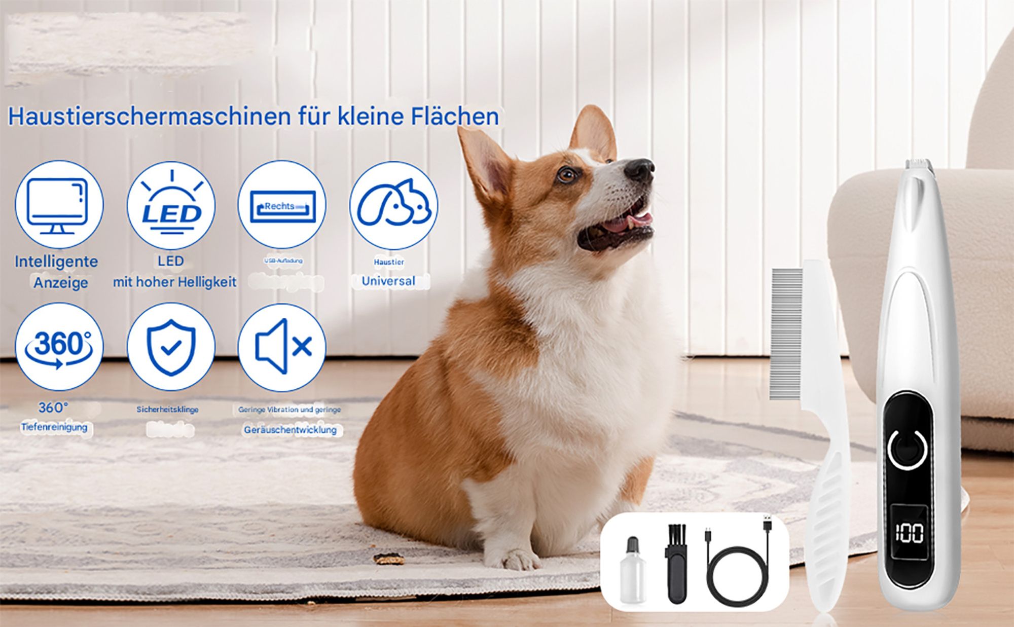Hundeschermaschine, Pfotenschneider für Hunde, Tierhaarschneider mit LED, Kabelloser Clipper Hundepfoten Leise, Elektrischer Tierhaarschneider