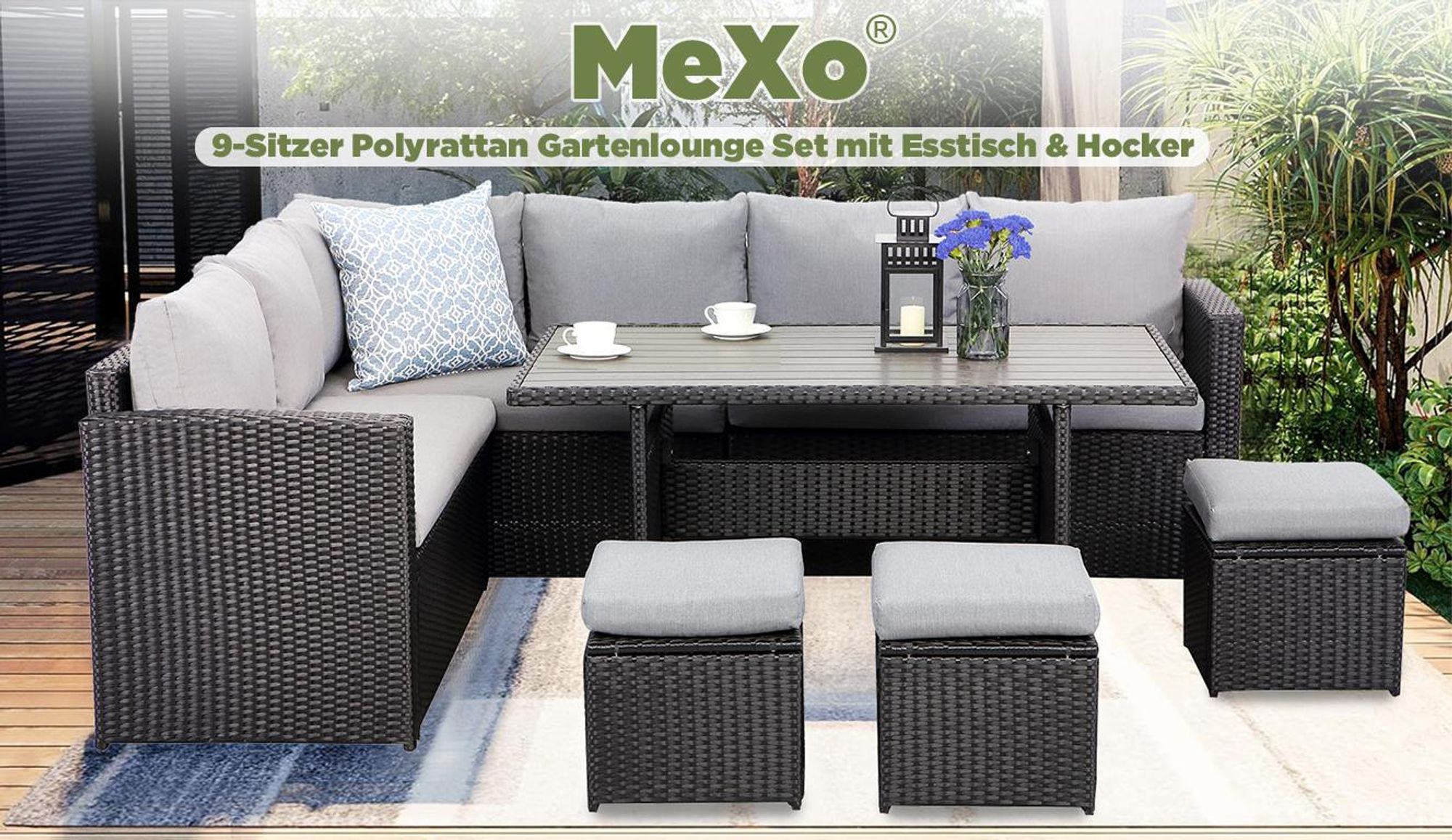 MEXO Gartenmöbel-sets Terrassenmöbel Set, Rattan Eckbänke mit Esstisch für 6-9 Personen, Dining Lounge set outdoor wetterfest, Wintergarten schwarz