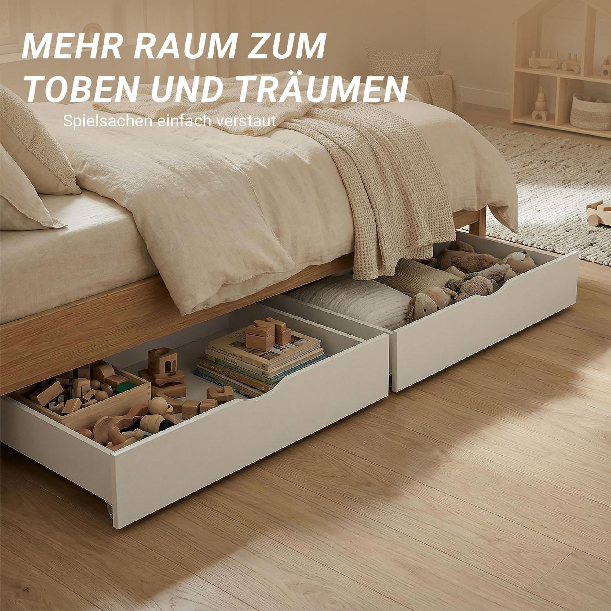 Auf dem Bild sieht man 2 geöffnete weiße Bettkästen unter einem Bett mit viel Stauraum.