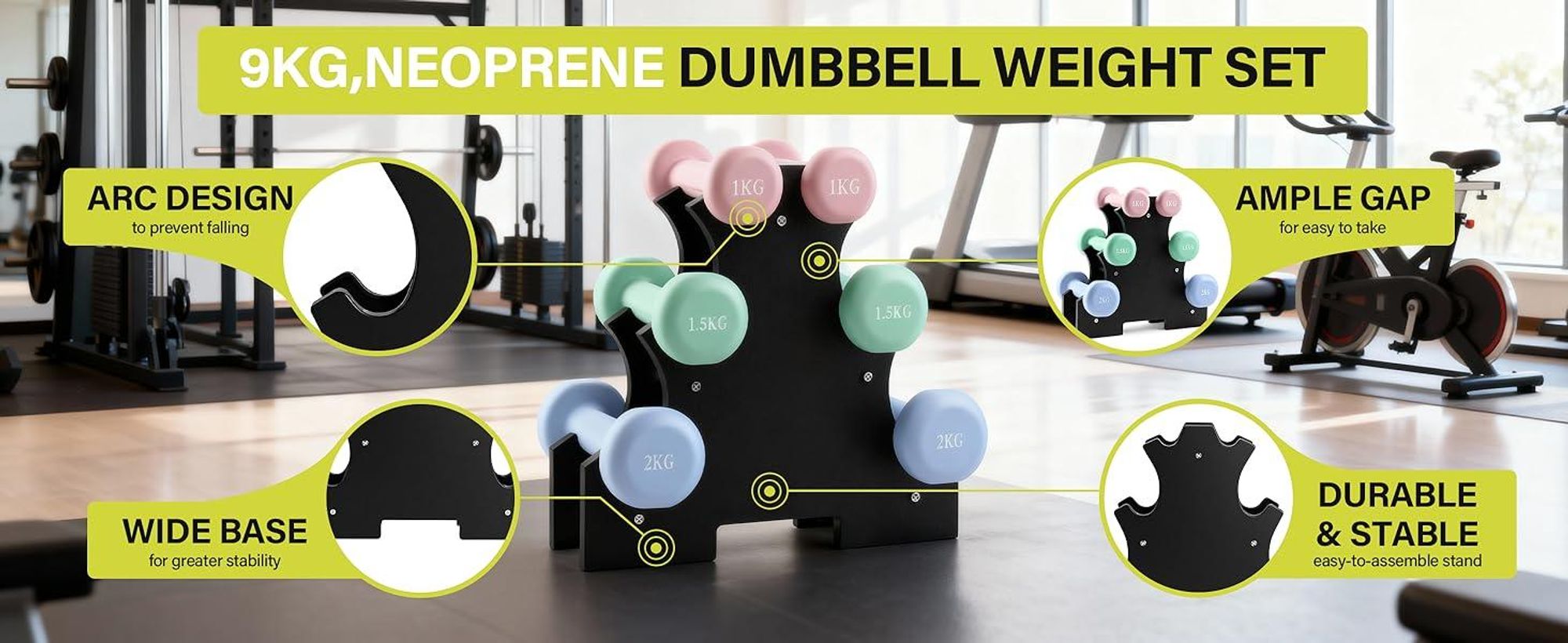 TEENO Neopren-Hanteln 9/12 kg mit Halterung – Set mit 6 Hanteln für Frauen und Männer, rutschfest, für das Training zu Hause, für Arme und Schultern