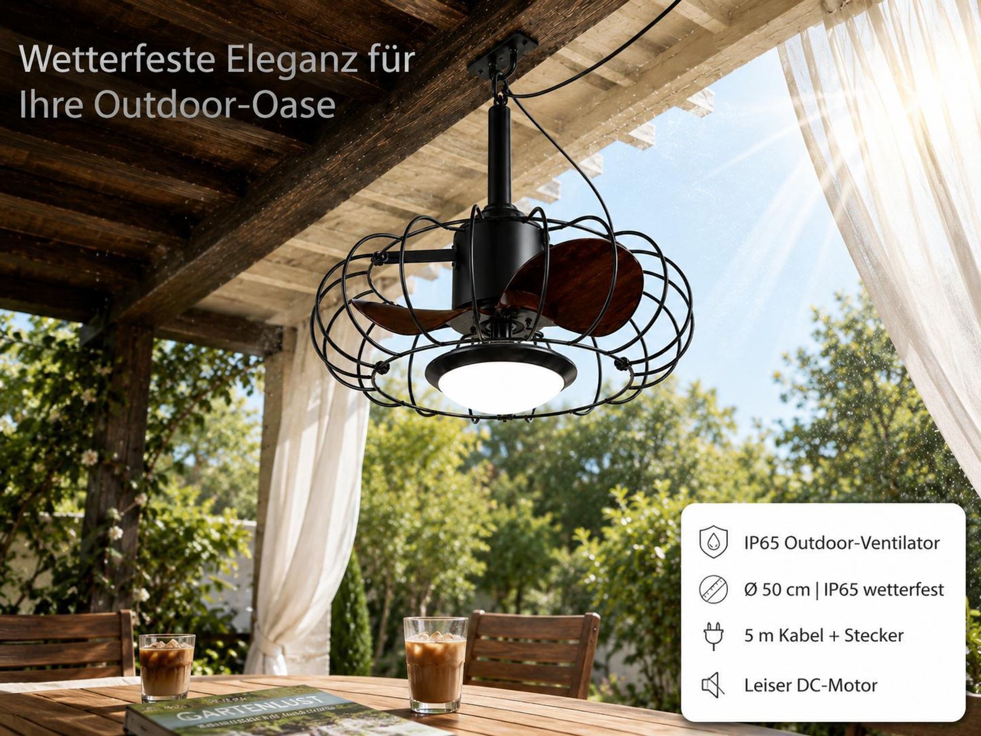 50CM Outdoor Deckenventilator mit Beleuchtung und Fernbedienung, IP65 Außen Lampe mit Ventilator, 6 Stufen, für Balkon Pavillon Terrasse, 5m Kabel
