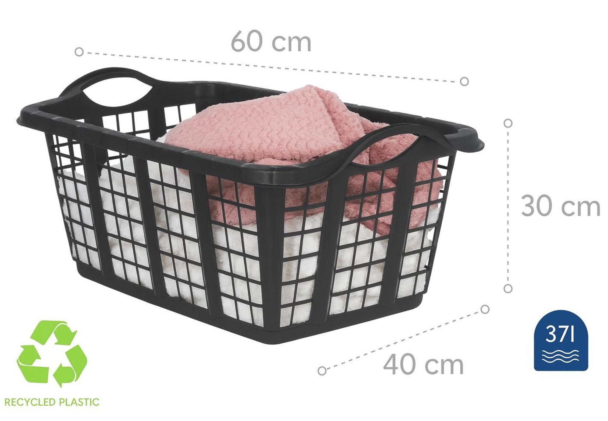 Wäschekorb 37L aus stabilem Kunststoff – 60x40x30 cm – leicht, robust & belüftet – mit Griffen, ohne Deckel, Farbe Schwarz