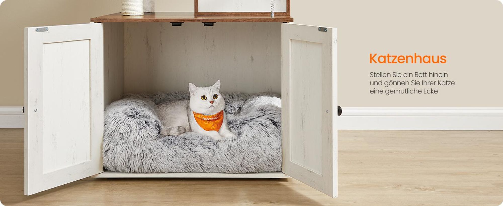 Feandrea Kratzbaum, mit Katzenklo-Schrank, 185cm, Kratzsäule, waschbares Kissen, honigbraun