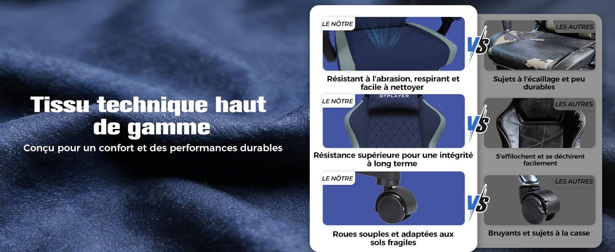 Chaise de jeu GTPLAYER Fauteuil de jeu ergonomique Chaise de bureau PC Gamer Racing Chaise avec surface en tissu, coussin d'assise à ressorts, accoudoirs de liaison, avec repose-pieds pouvant supporter jusqu'à 153 kg