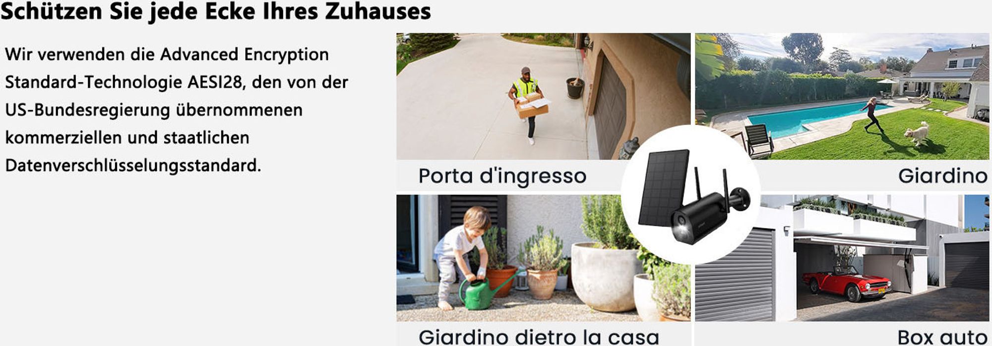 ieGeek 2K Solar Überwachungskamera Aussen Akku, PIR, 2-Wege-Audio, Alexa, Wlan, 64GB
