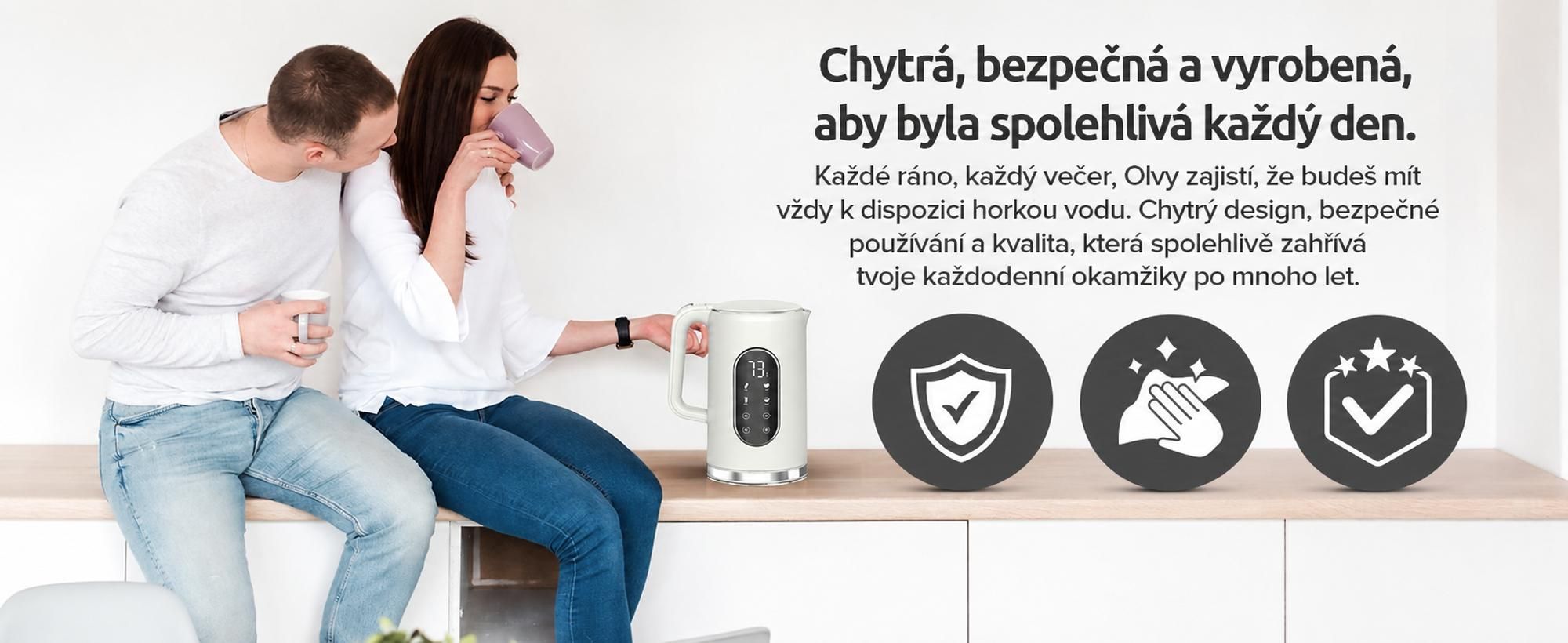 Rychlovarná konvice Olvy, krémová, nastavitelná teplota, 1,7 l – LCD displej, 2200 W, bez BPA, funkce udržování teploty, filtr na vodní kámen, volba teploty 40–100 °C, nerezová ocel