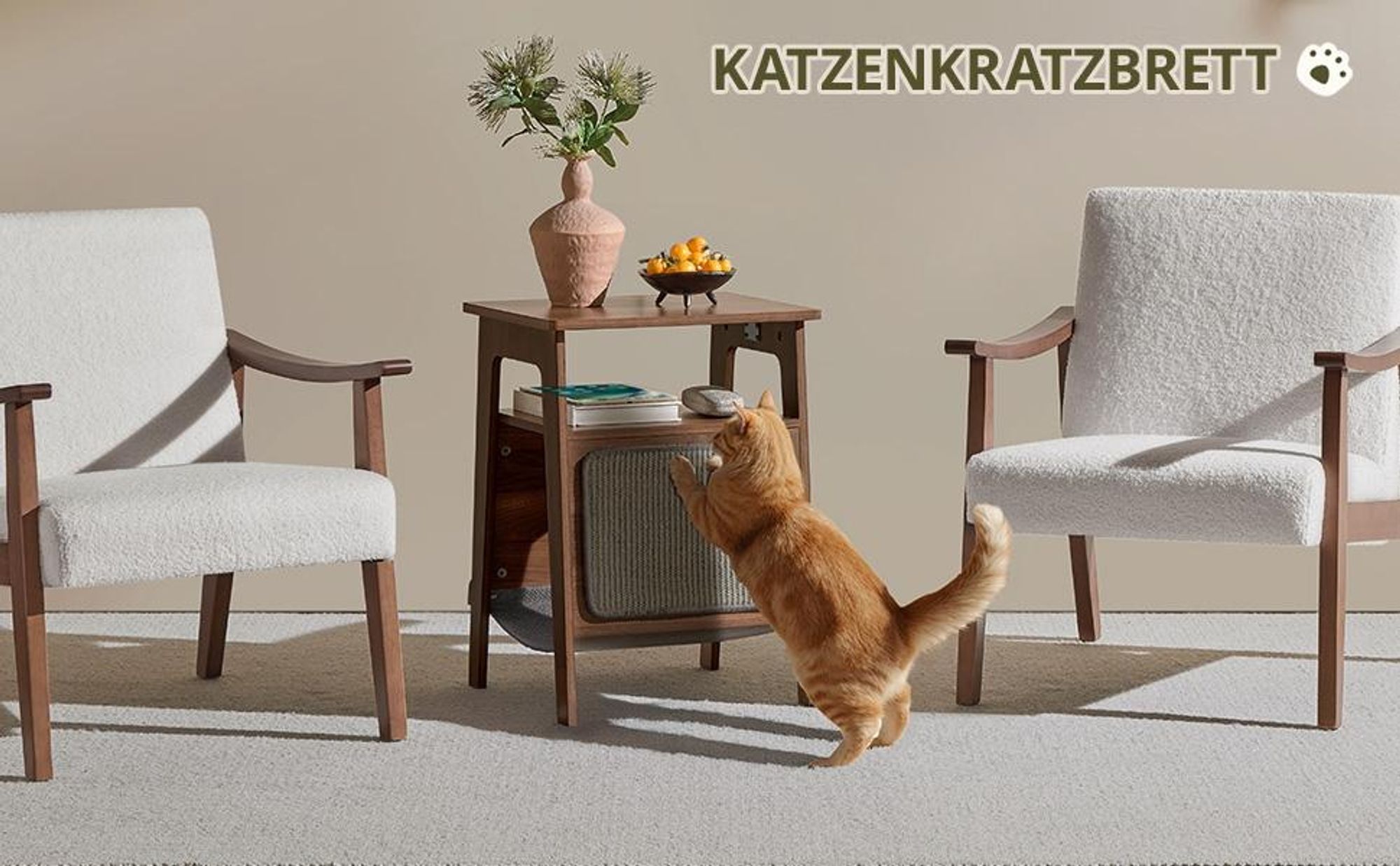 Yaheetech Beistelltisch mit Katzenbett & Kratzbrett, Nachttisch mit Katzenhaus, Katzenmöbel, Nussbaum Braun