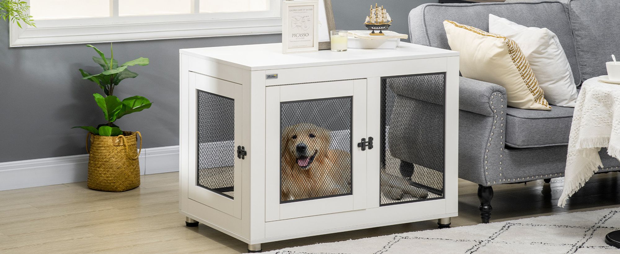 PawHut Hundekäfig, Haustierkäfig mit Kissen, Hundehaus, Hundehütte, Weiß