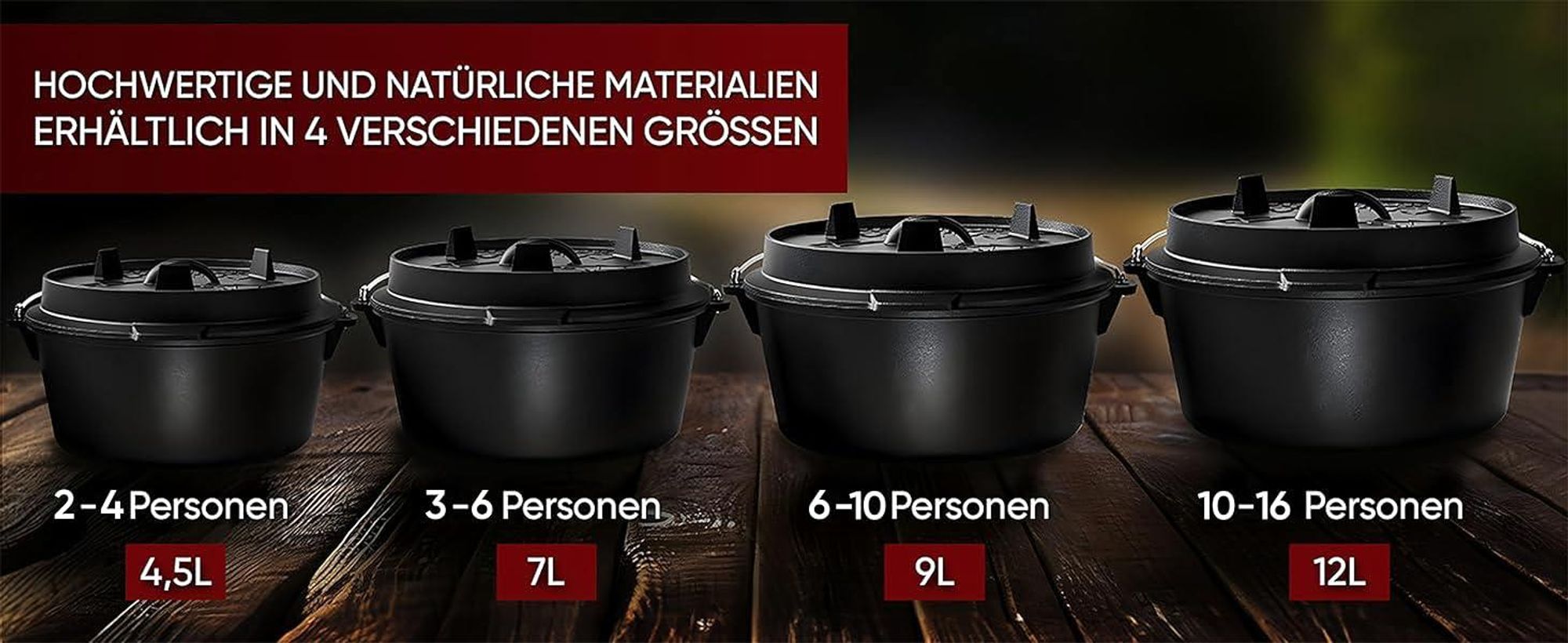 Vier Dutch Oven Größen von 4,5 L bis 10 L – für 2 bis 16 Personen geeignet.